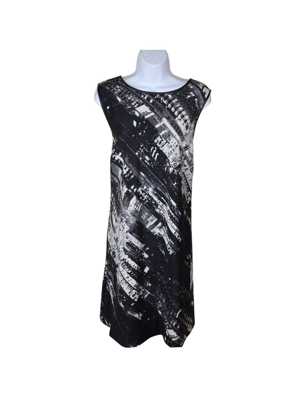DKNY Women’s Silk Blend Shift Dress Abstract City Print Black White L